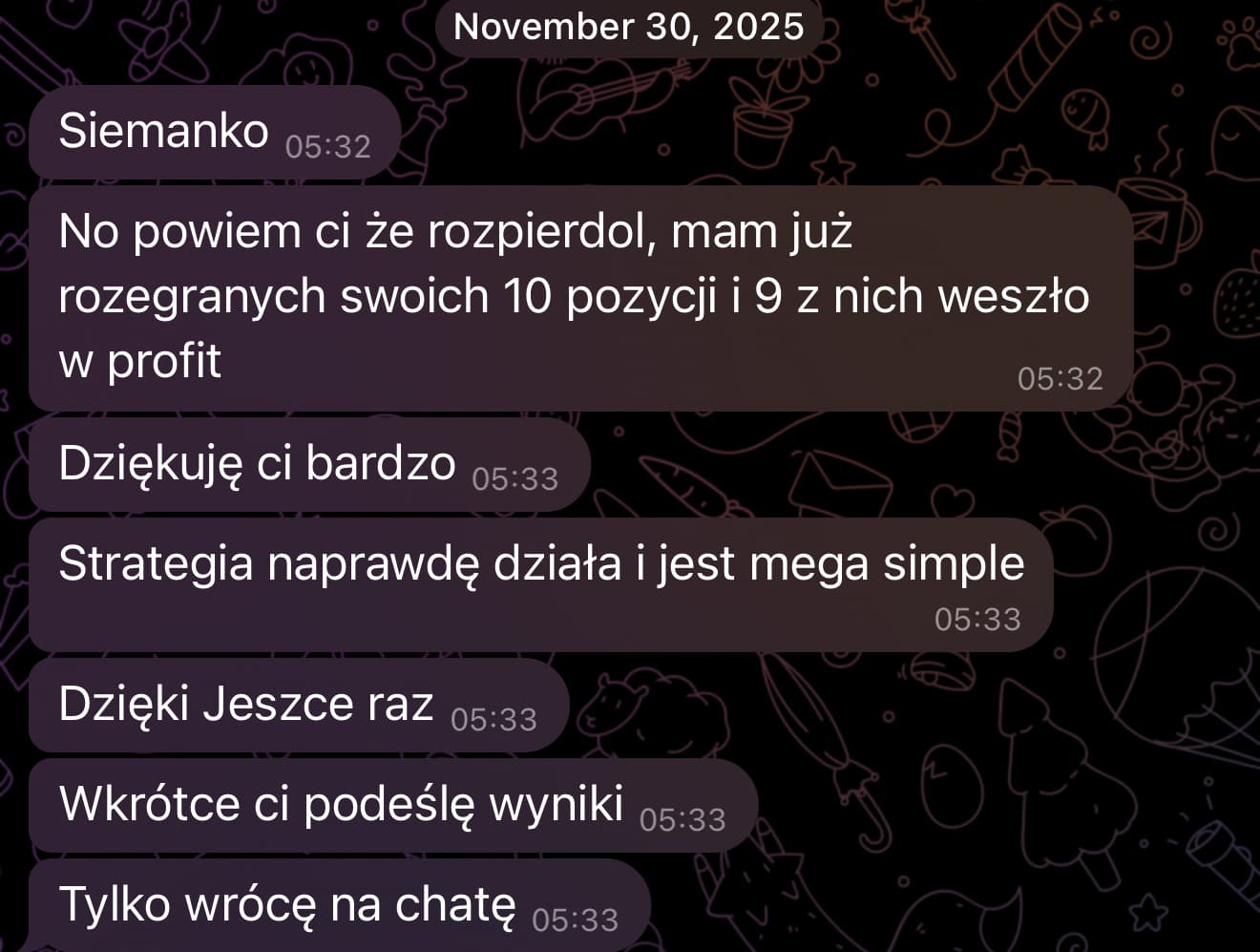 Wiadomość uczestnika o 9 z 10 własnych pozycji zamkniętych w zysku
