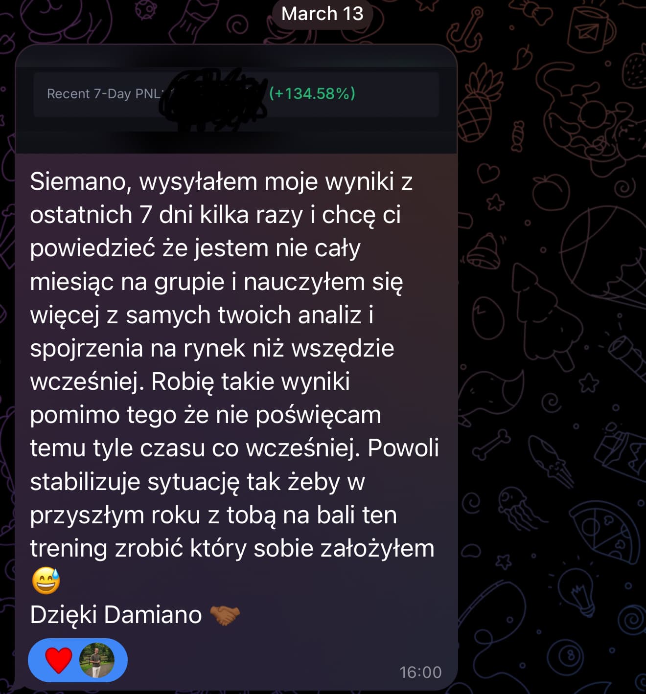 Wiadomość uczestnika grupy premium wraz z 7-dniowym wynikiem konta