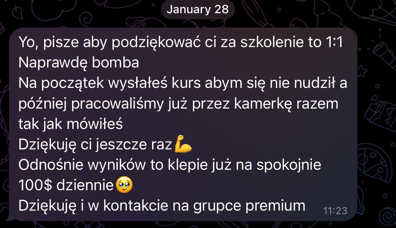 Wiadomość uczestnika szkolenia 1:1 o regularnym wyniku około 100 dolarów dziennie