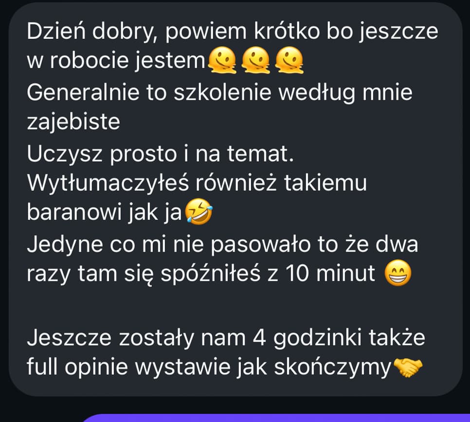 Wiadomość uczestnika z opinią o przebiegu szkolenia 1:1
