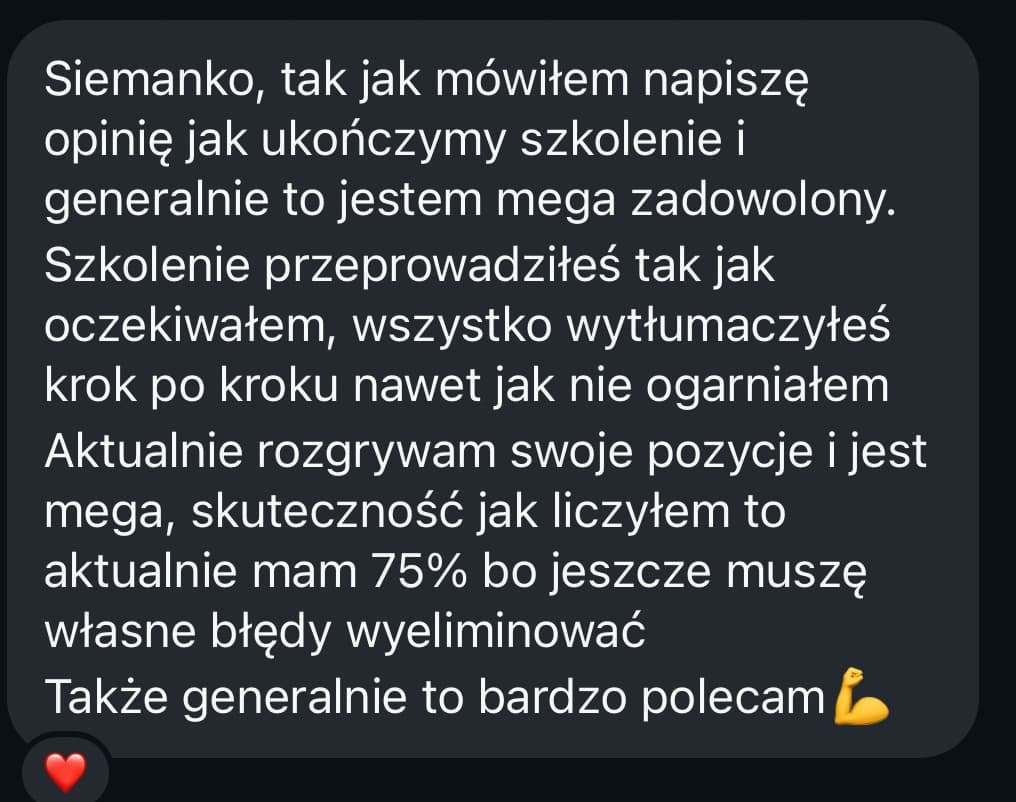 Wiadomość uczestnika o skuteczności 75% własnych pozycji po szkoleniu