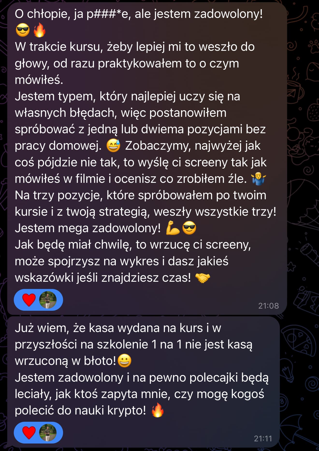 Wiadomość uczestnika opisującego trzy pozycje otwarte według strategii z kursu