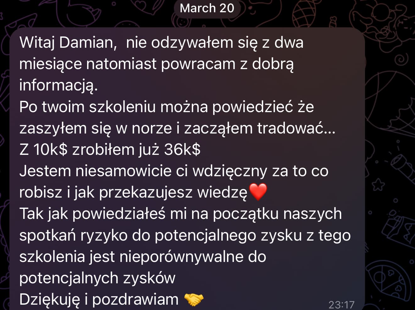 Wiadomość uczestnika opisującego wynik 10 000 do 36 000 dolarów