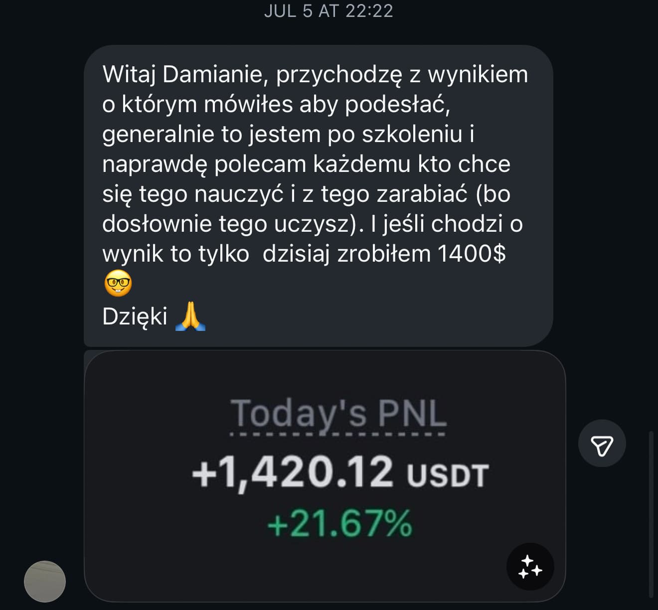 Wiadomość uczestnika o wyniku 1420 dolarów osiągniętym w jednym dniu