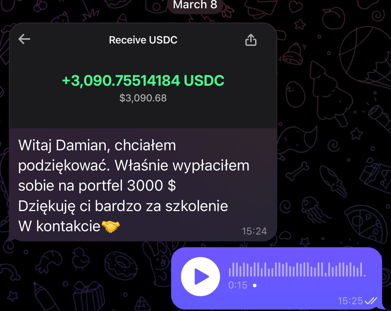 Wiadomość uczestnika o wypłacie 3000 dolarów wraz z podziękowaniem za szkolenie