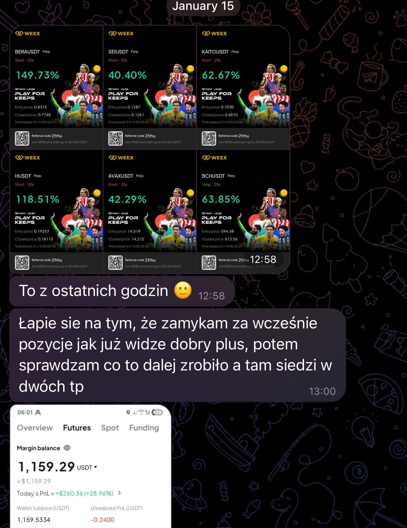 Wiadomość uczestnika opisującego pracę nad własnym błędem przedwczesnego zamykania pozycji